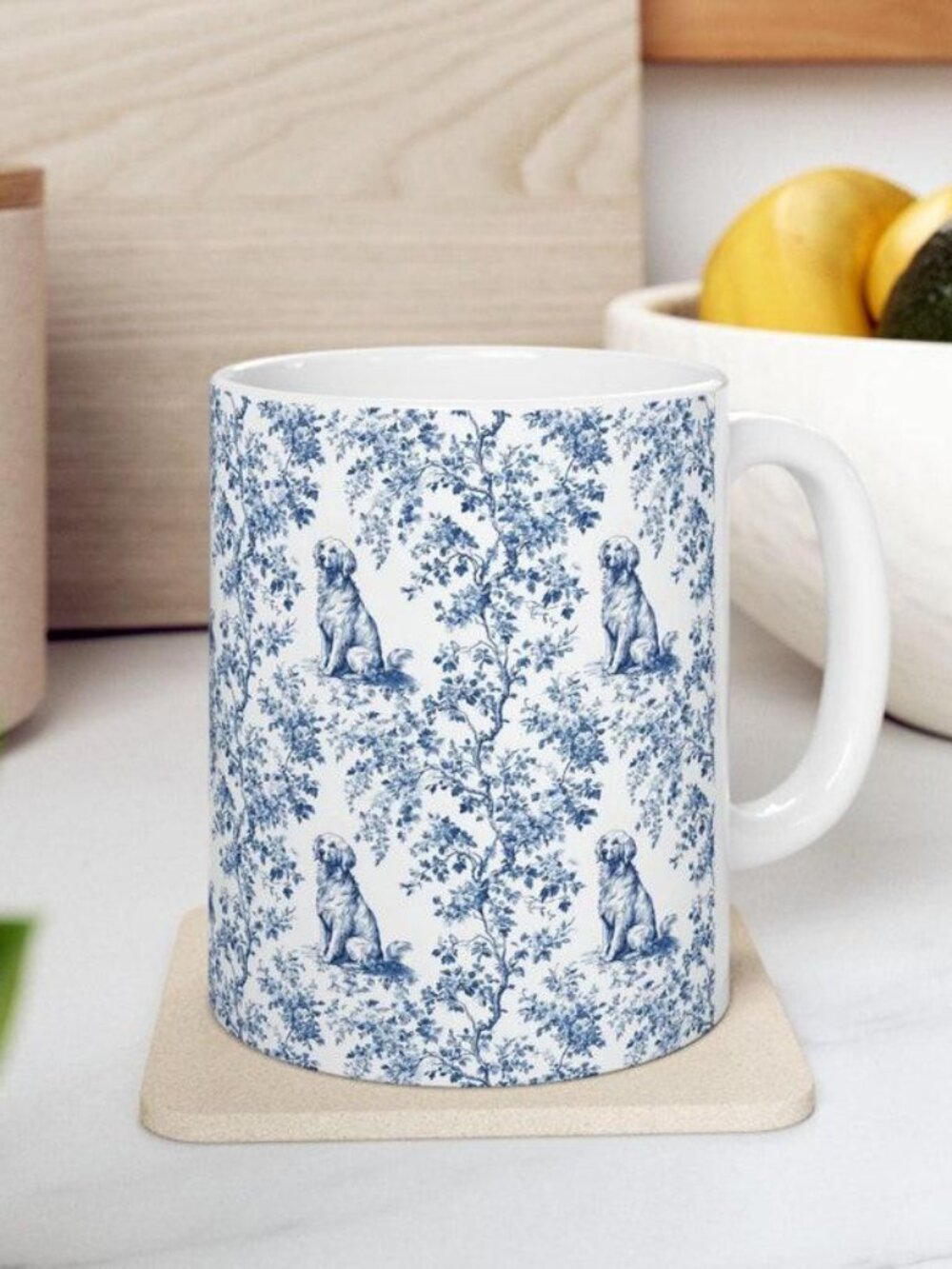 Golden Retriever French Toile de Jouy Mug - Elegant Blue Toile Coffee Cup